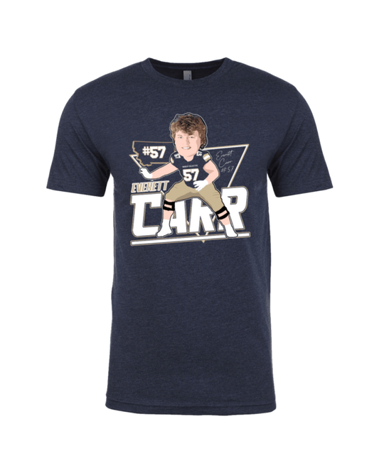 A navy blue t-shirt with an image of a boy holding a football.