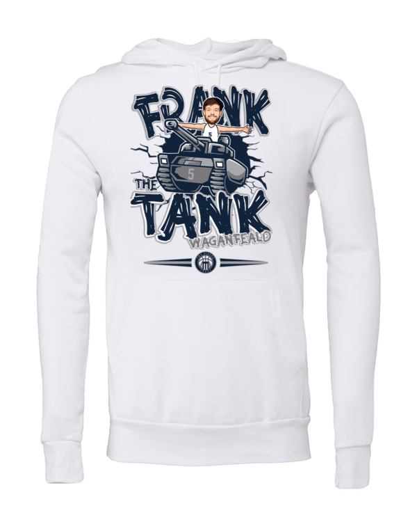 A white hoodie with the words " frank tank " on it.