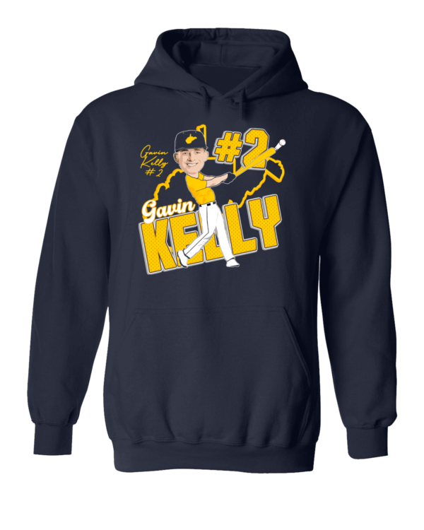 A navy blue hoodie with an illustration of a baseball player.