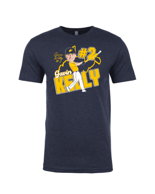 A t-shirt with a cartoon of a baseball player.