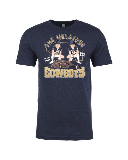 A navy blue t-shirt with the words " cowboys " on it.