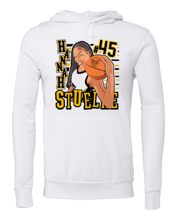 A white sweatshirt with an image of a woman holding a basketball.