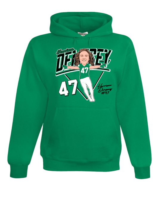 A green hoodie with a picture of a person on it.