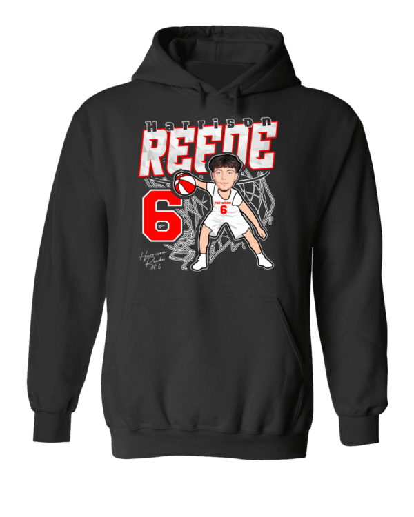 A black hoodie with a cartoon of a man holding a baseball bat.