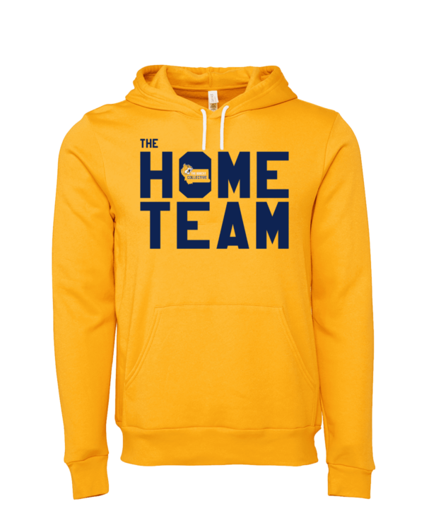 A yellow hoodie with the words " the home team ".