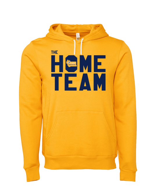 A yellow hoodie with the words " the home team ".