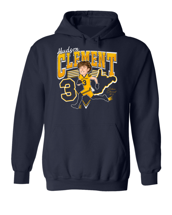 A navy blue hoodie with an image of a man in yellow and black.