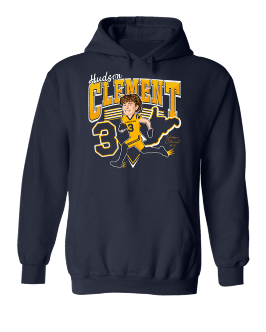 A navy blue hoodie with an image of a man in yellow and black.