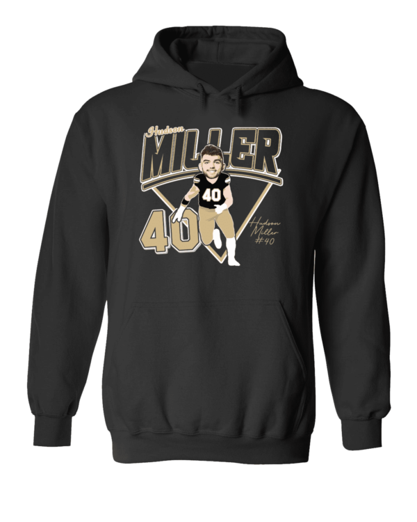 A black hoodie with the name miller 4 0 is on it.