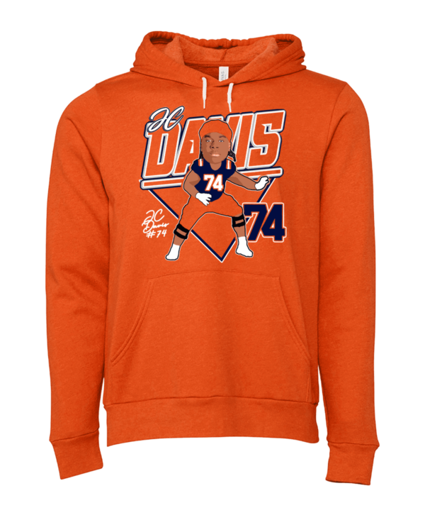 A picture of an orange hoodie with the number 7 4 on it.