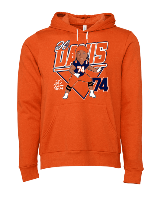 A picture of an orange hoodie with the number 7 4 on it.