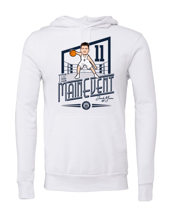 A white hoodie with an illustration of a man playing basketball.