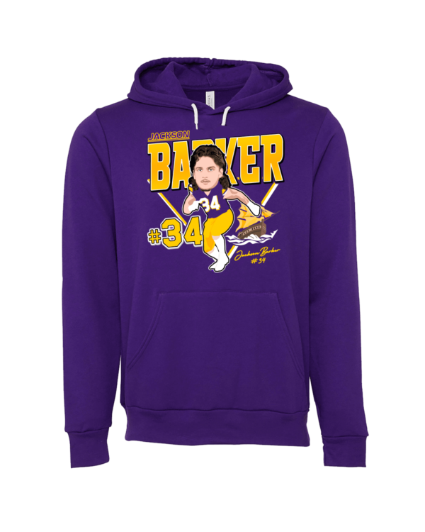 A purple hoodie with a picture of a baseball player.