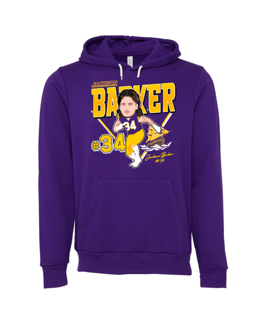 A purple hoodie with a picture of a baseball player.