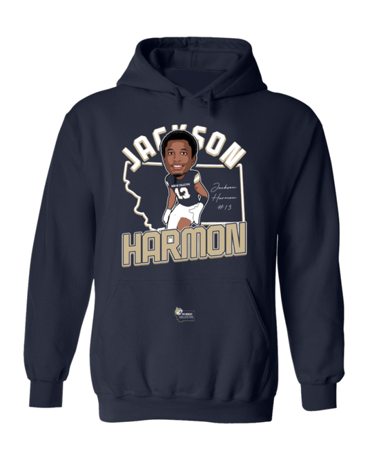 A navy blue hoodie with an image of jackson harmon.