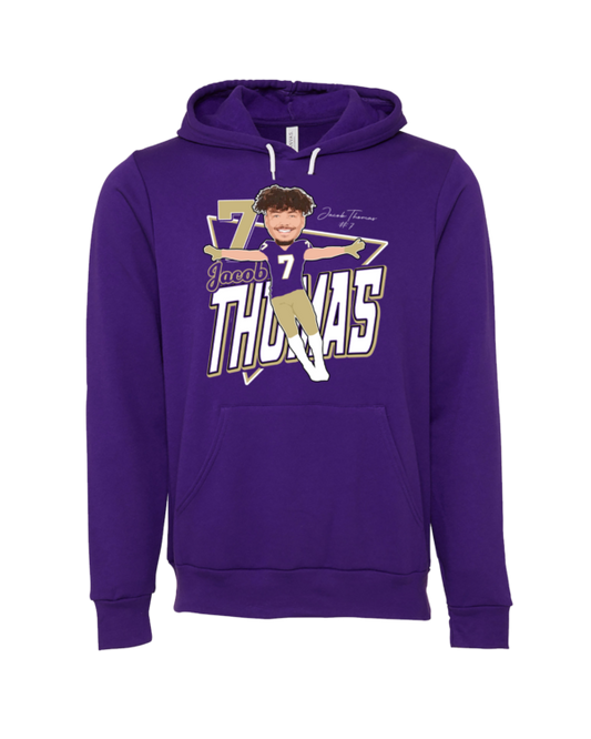 A purple hoodie with a picture of thomas.