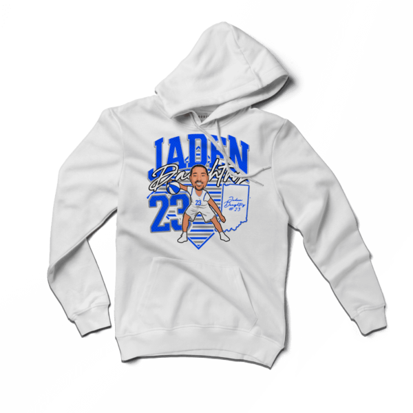 A white hoodie with the name jaden and an image of a baseball player.