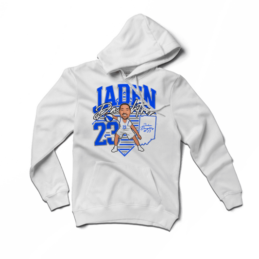 A white hoodie with the name jaden and an image of a baseball player.