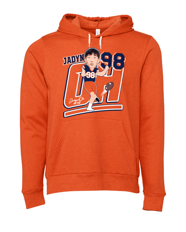 A picture of an orange hoodie with the name jadyn 9 8 on it.