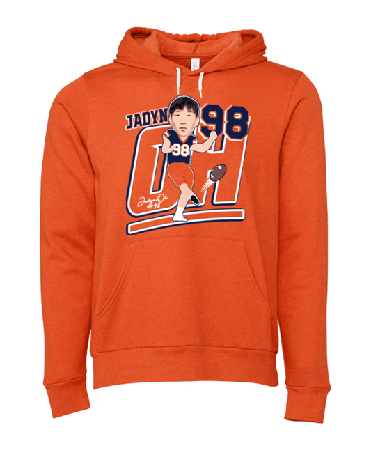 A picture of an orange hoodie with the name jadyn 9 8 on it.