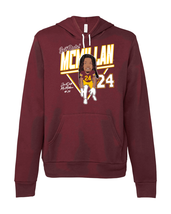 A maroon hoodie with a caricature of a baseball player.