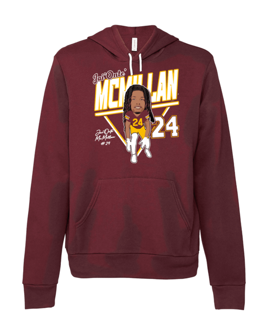 A maroon hoodie with a caricature of a baseball player.