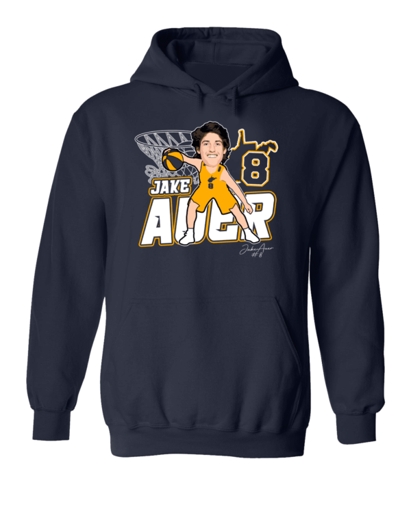 A navy blue hoodie with an illustration of a baseball player.