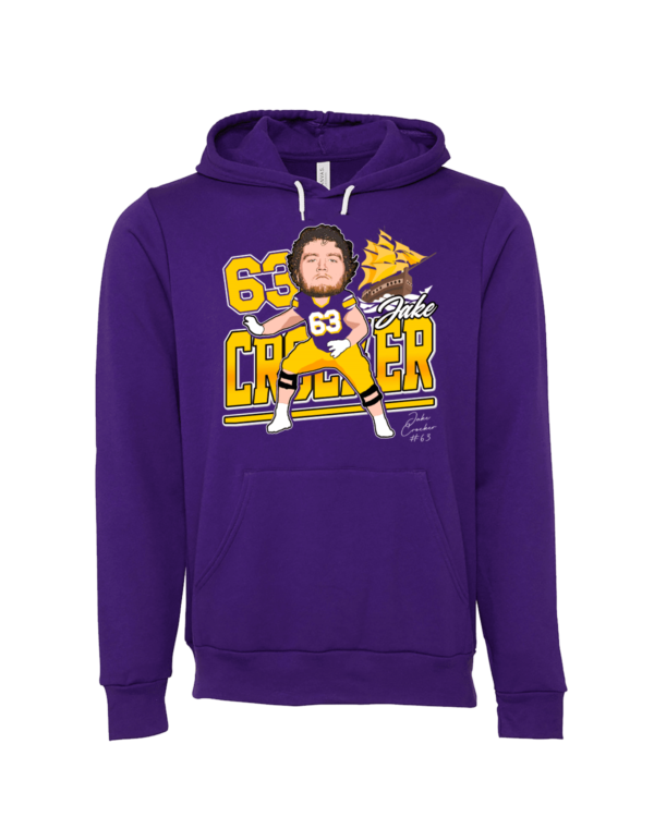 A purple hoodie with a cartoon of a man holding a baseball bat.