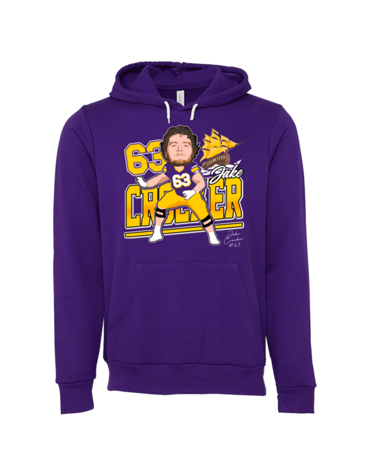 A purple hoodie with a cartoon of a man holding a baseball bat.