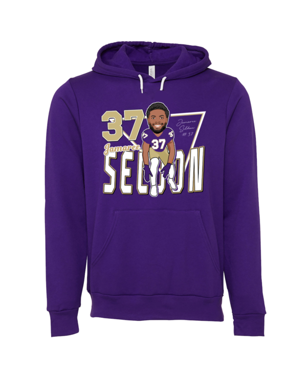 A purple hoodie with a picture of a person in the middle.