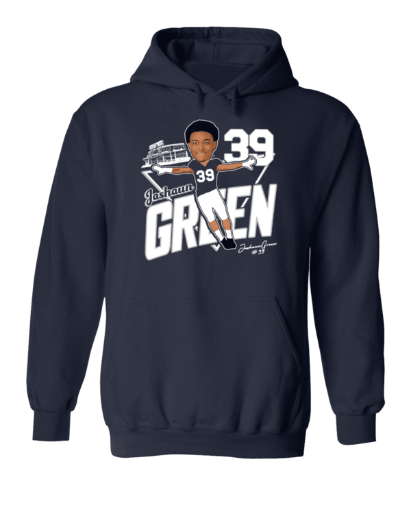 A navy blue hoodie with an image of a baseball player.