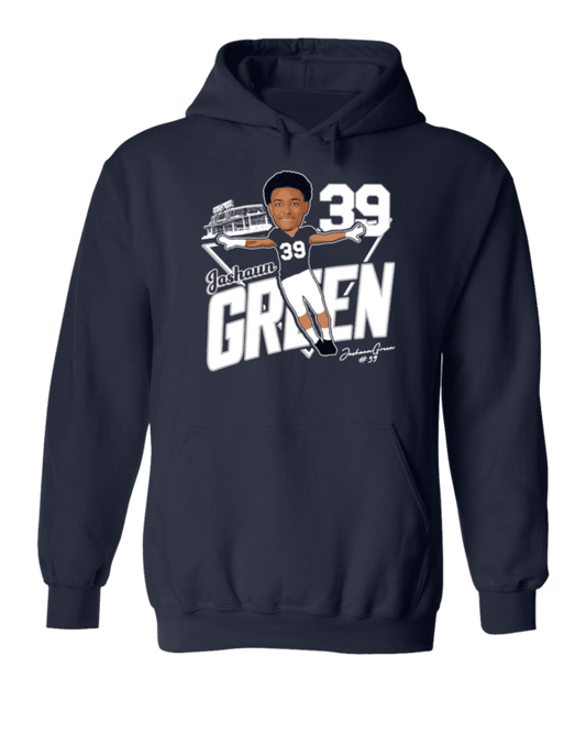 A navy blue hoodie with an image of a baseball player.