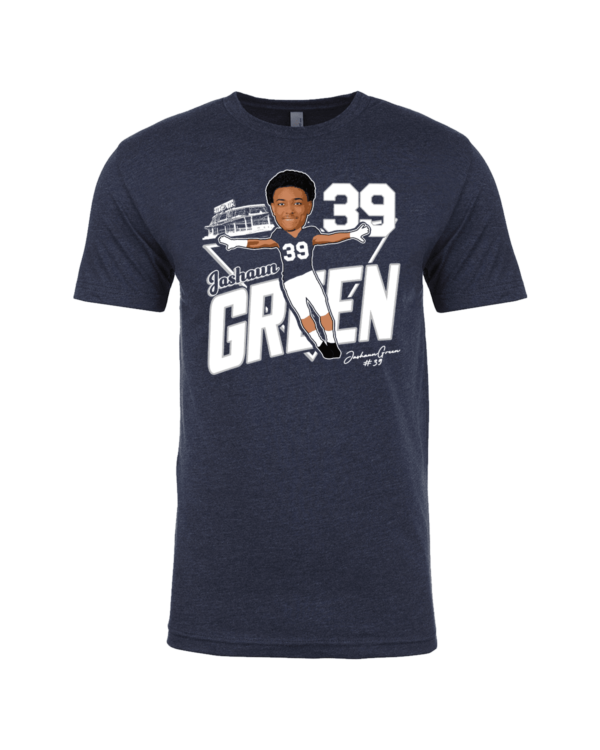 A navy blue t-shirt with an image of a baseball player.