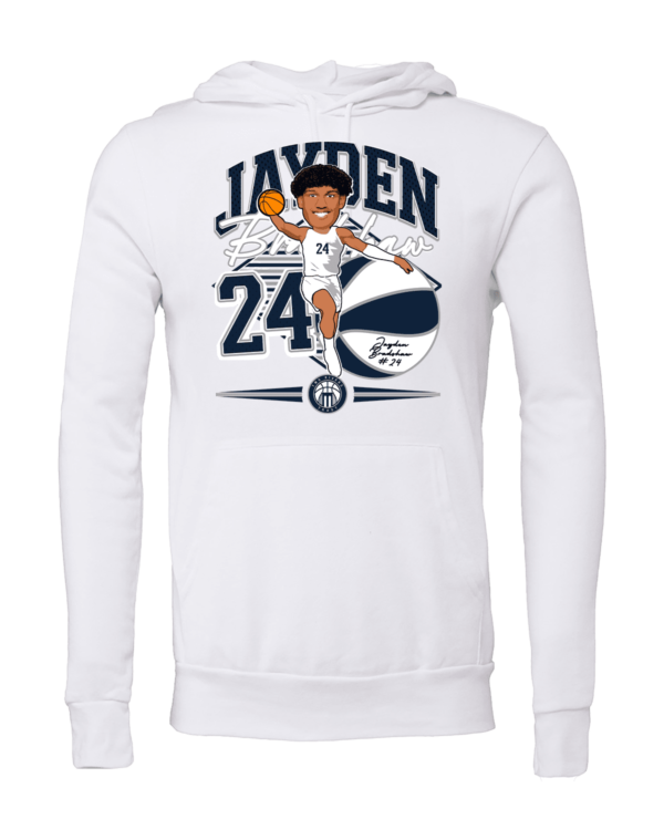 A white hoodie with a cartoon of jayden.