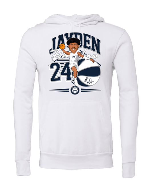 A white hoodie with a cartoon of jayden.