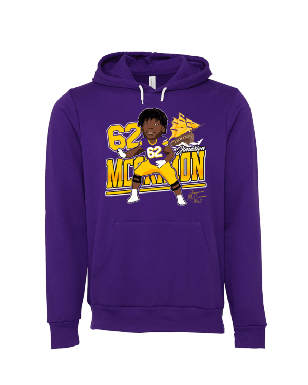 A purple hoodie with a cartoon of a person holding a baseball bat.