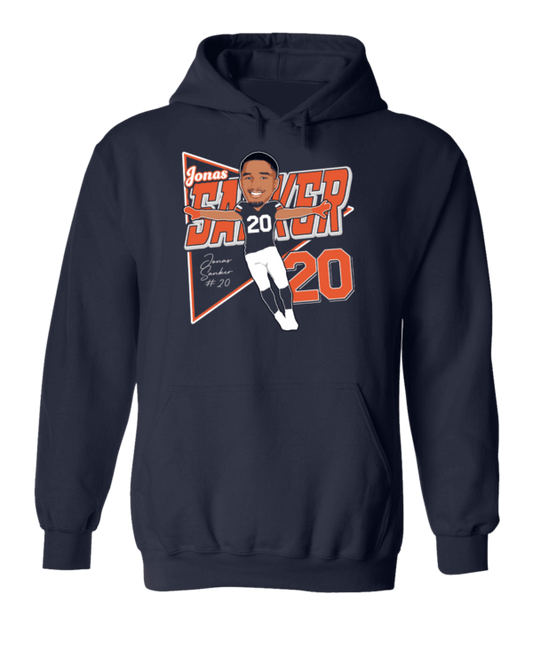 A navy blue hoodie with an image of a football player.