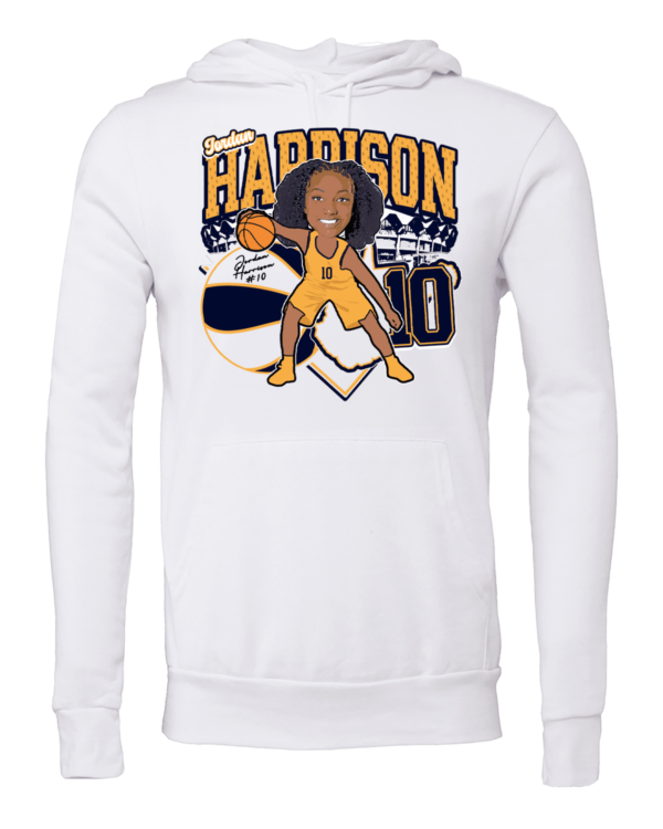 A white sweatshirt with an illustration of a baseball player.