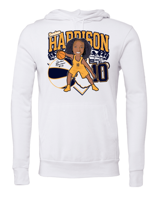 A white sweatshirt with an illustration of a baseball player.