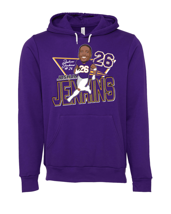 A purple hoodie with a picture of a man holding a baseball bat.