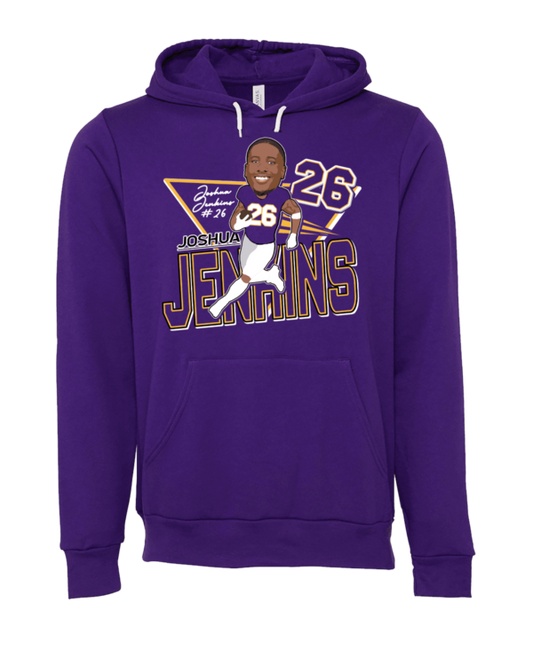 A purple hoodie with a picture of a man holding a baseball bat.