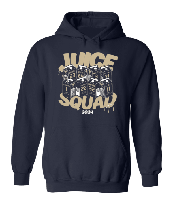 A navy blue hoodie with the words juice squad 2 0 2 1 written in yellow.