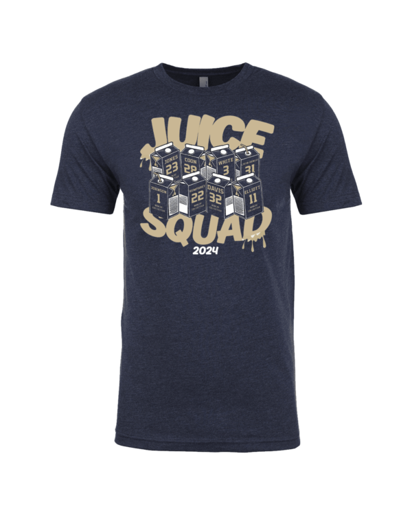 A navy blue t-shirt with the words juice squad on it.