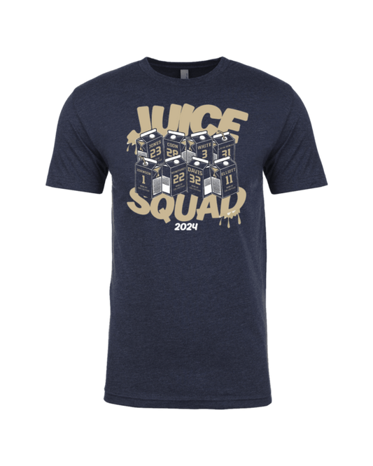 A navy blue t-shirt with the words juice squad on it.