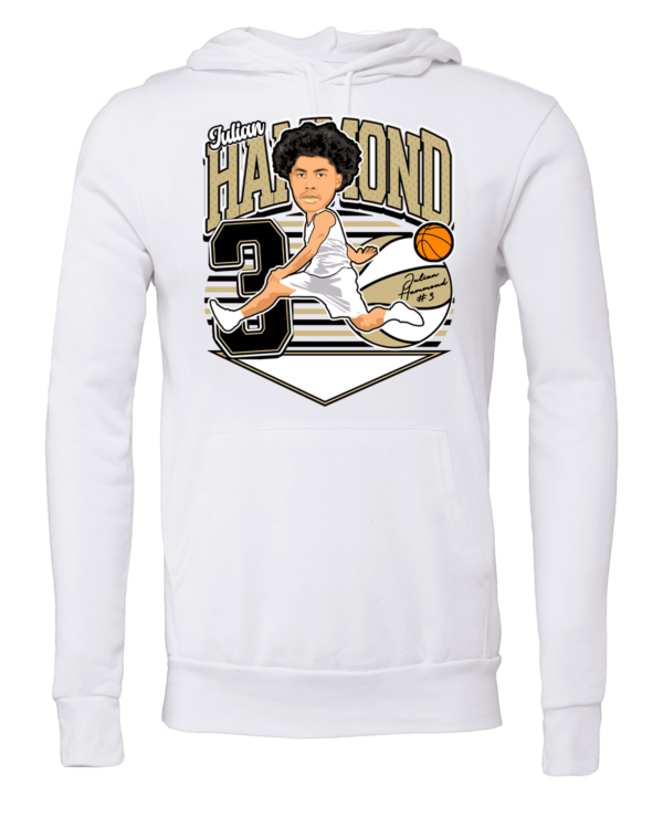 A white sweatshirt with a picture of a man holding a basketball.