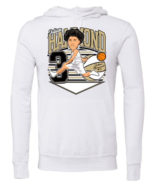 A white sweatshirt with a picture of a man holding a basketball.