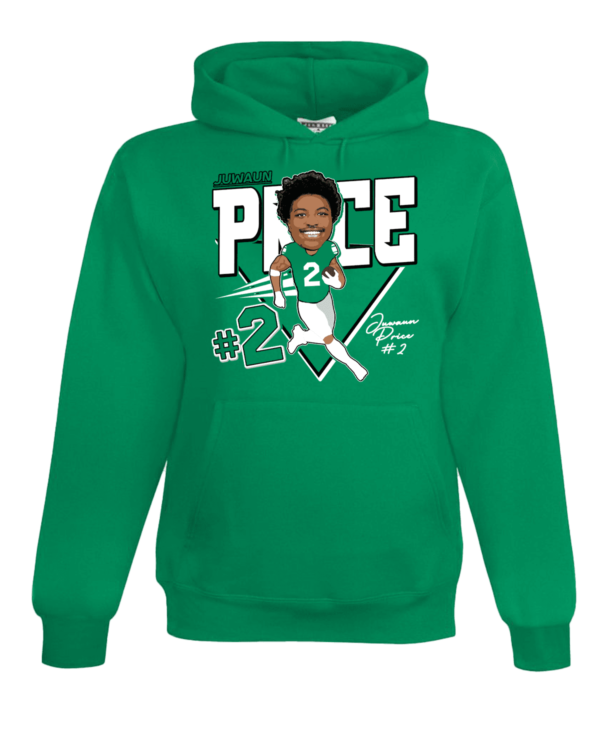 A green hoodie with a caricature of a baseball player.