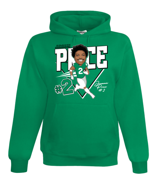 A green hoodie with a caricature of a baseball player.