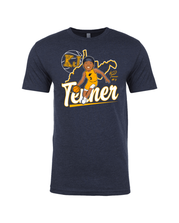 A navy blue t-shirt with an image of a person and the name trainer.