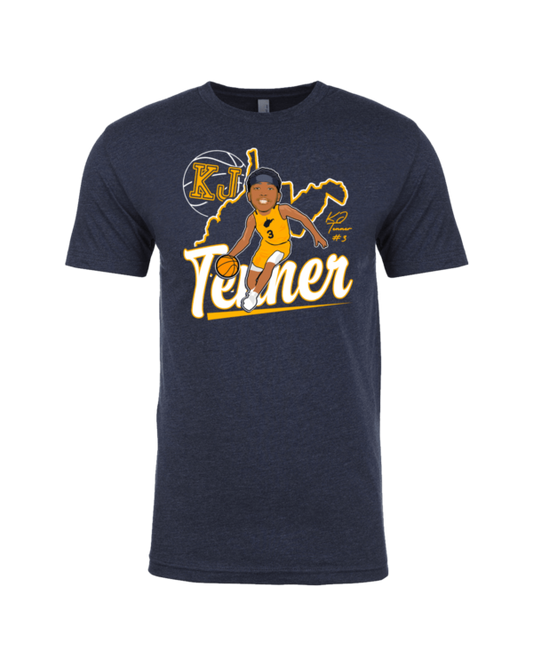 A navy blue t-shirt with an image of a person and the name trainer.